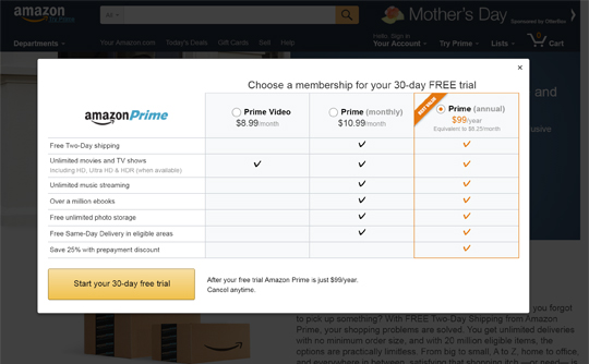 Amazon.comのプライム会員料金プラン